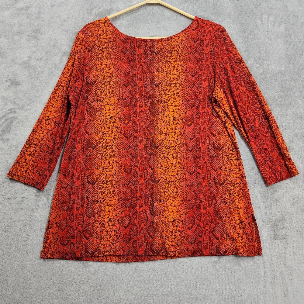 Vintage Dana Kay Top Womens 14 PETITE Orange Animal Print 3/4 Sleeve Slinky Knit